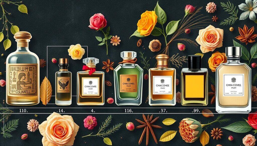 Illustration of an evolution of perfume bottles with spices and flowers used for ingredients