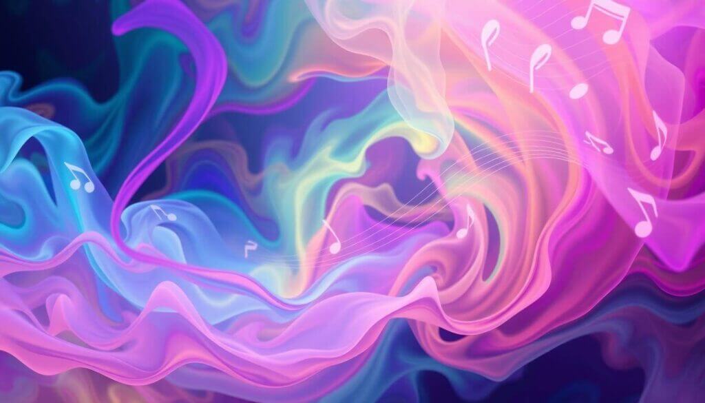 Colorful abstract design with wavy patterns and musical notes on a dark background.
