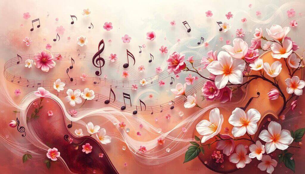 Decorative image of musical notes and flowers with a heart shape.