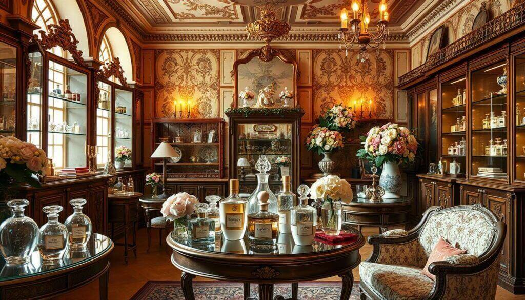 Luxurious interior with ornate furniture, perfume bottles, decorative items, and floral arrangements.