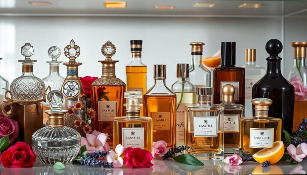 A table of perfume bottles with fragrant  flowers and citrus in a modern room.
