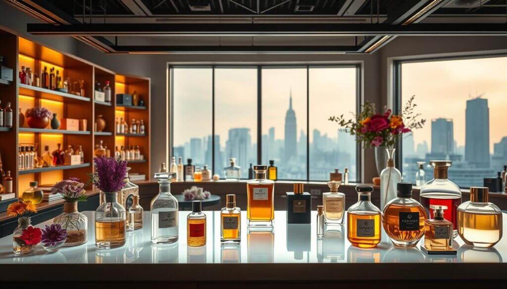 A variety of perfume bottles on a table in room with windows looking out over the NYC skyline