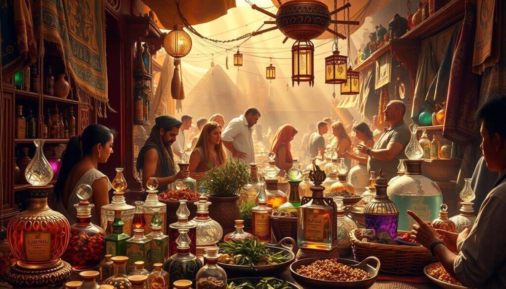 Illustration of Eastern exotic perfume store with people shopping