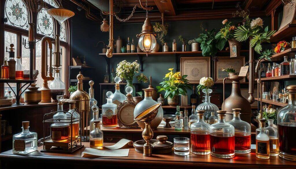 Historical perfume lab room with shelves of bottles, potted plants, and beakers. Window with stained glass sections.