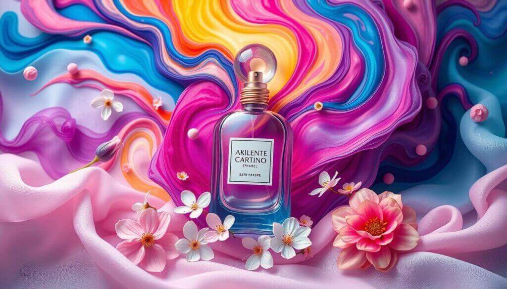 Perfume bottle with pink flowers on field of silk-like fabric and brightly colored flowing colors in background.
