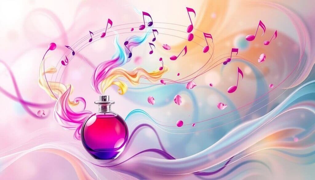 Perfume bottle illustration with musical notes and flowing colors like aroma