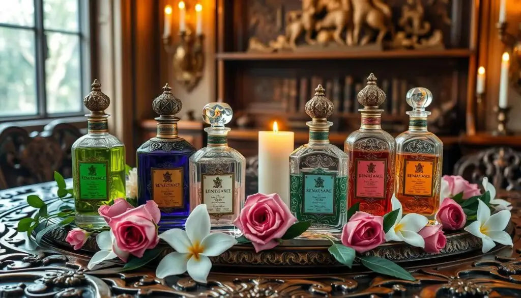 Perfume bottles on a deeply carved tabletop with flowers and a candle in a private library lit by candlelight