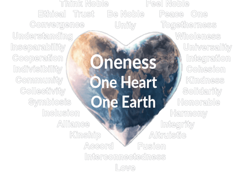 Oneness One Heart One Earth, heart shaped earth, words around the earth for words of oneness, including Think Noble, Be Noble, Feel Noble. 
