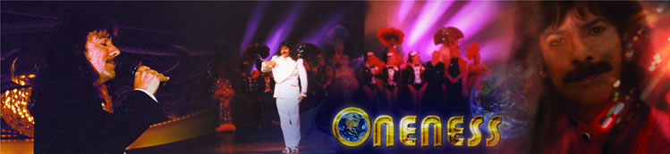 Collage of Shawn Rae in a white outfit with colorful lights and 'Oneness' logo.
