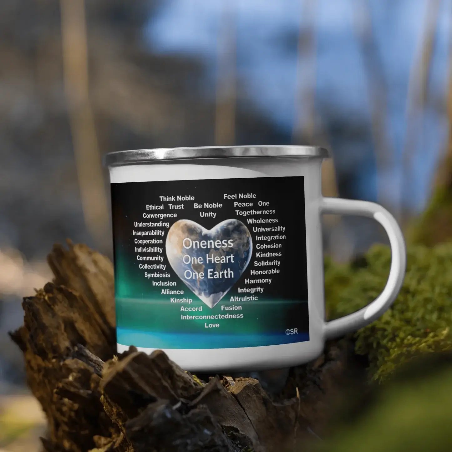 Oneness Enamel Mug, “One Heart, One Earth” - Oneness Perfume