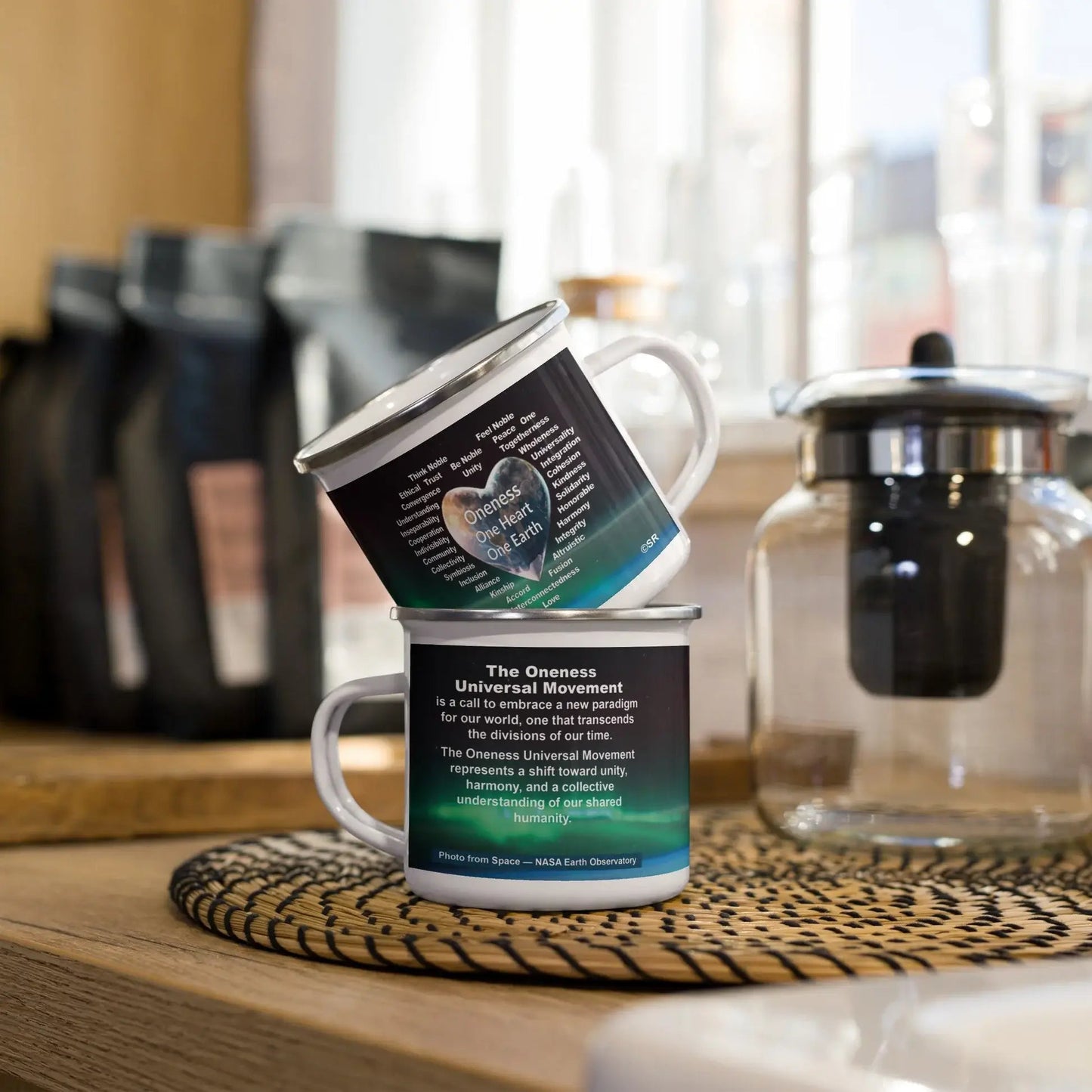 Oneness Enamel Mug, “One Heart, One Earth” - Oneness Perfume