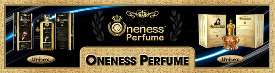 Slideshow image  Oneness Perfume products, including images of the perfume bottle, bag, and box and logo.