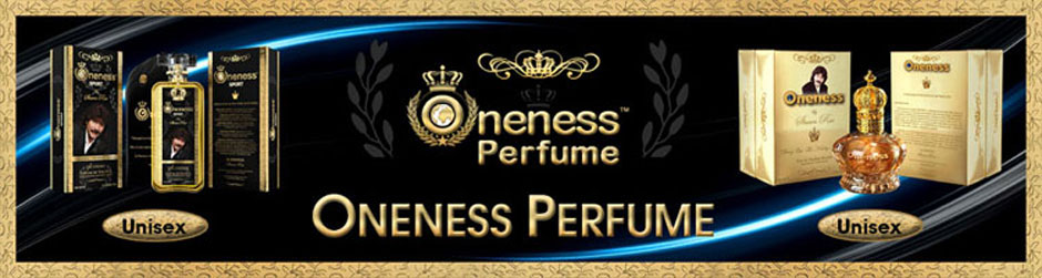 slideshow image, variation three, Oneness Perfume products, including images of the perfume bottle, bag, and box and logo
